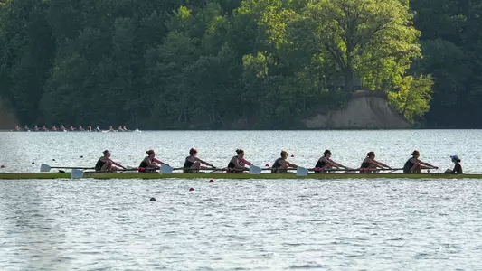 The UW women's varsity eight rows at 2026 Big Ten Championships in Indianapolis on May 15, 2026