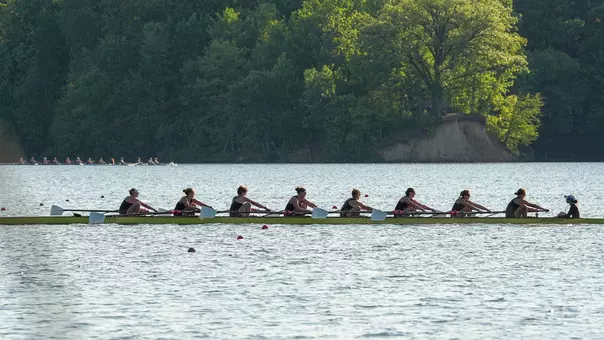 The UW women's varsity eight rows at 2026 Big Ten Championships in Indianapolis on May 15, 2026