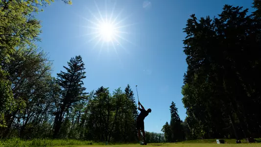 Finn Koelle hits a tee shot into the sun at Pumpkin Ridge Golf Club
