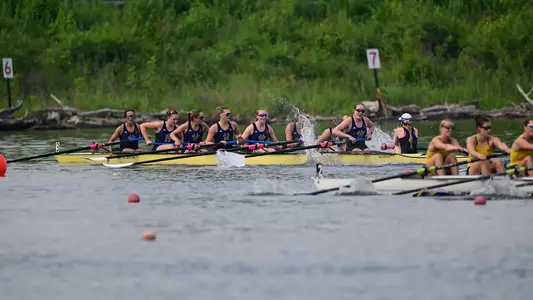 Washington women's second varsity eight racing at 2026 Big Ten Championships at Indianapolis Rowing Center, May 17, 2026