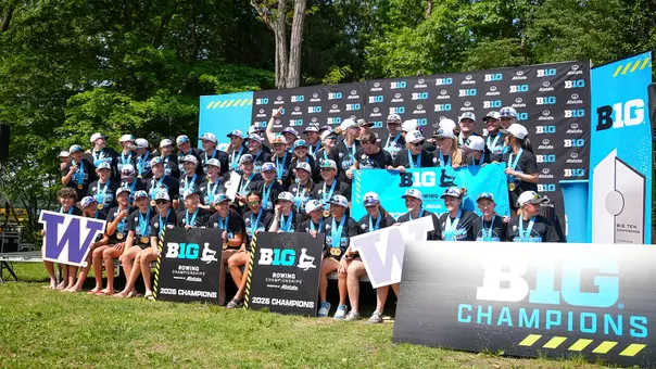 The UW womens' rowing team on the podium with its trophies after winning the 2026 Big Ten Championship in Indianapolis, May 17, 2026The UW womens' rowing team on the podium with its trophies after winning the 2026 Big Ten Championship in Indianapolis, May 17, 2026