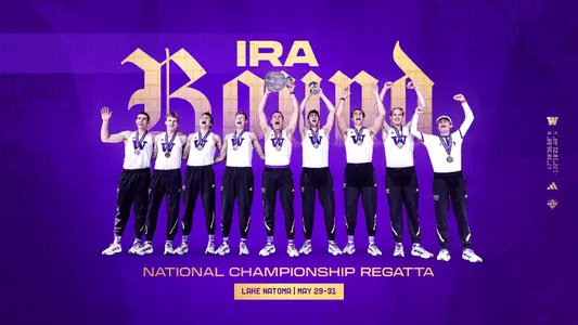 Graphic announcing that the Washington men's rowing team has been selected for the IRA National Championship Regatta