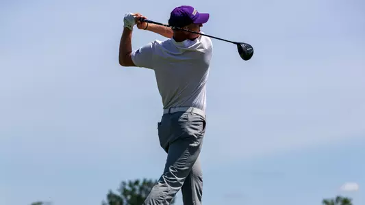 Finn Koelle hits a tee shot during the second round of the NCAA Corvallis Regional