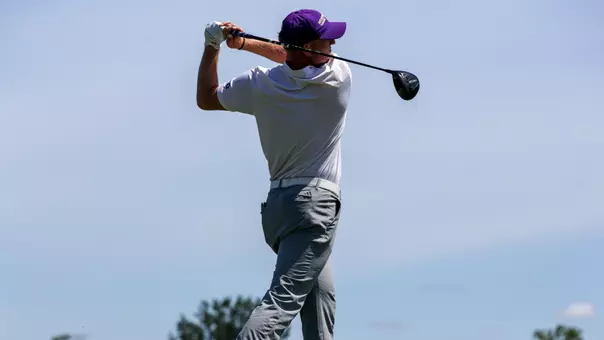 Finn Koelle hits a tee shot during the second round of the NCAA Corvallis Regional