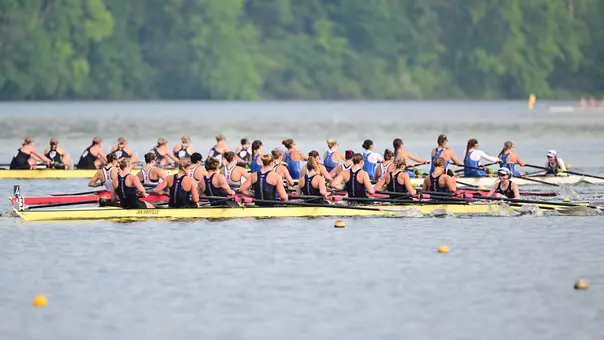 Washington's women's varsity eight crew rowing to the finish line at 2026 Big Ten Rowing Championships in Indianapolis