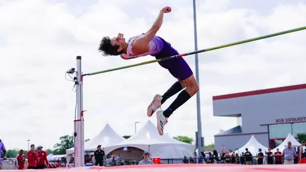 Leland Lieberg going over the bar in the high jump at 2026 Big Ten Championships