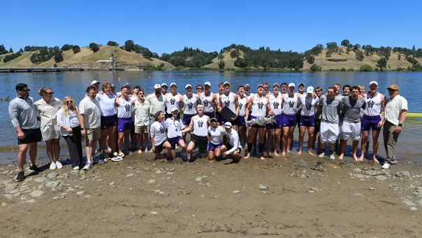 The entire UW men's rowing team celebrates the national championship at IRA regatta, 2026, Lake Natoma