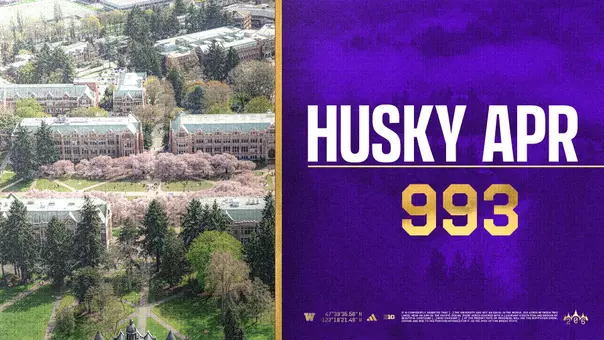 Graphic of the UW Quad on the left and Husky APR score of 993 on the right