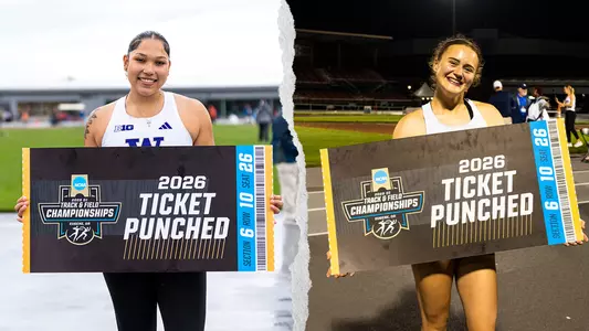 saydi orange and sara borton holding ticket props to NCAA Track