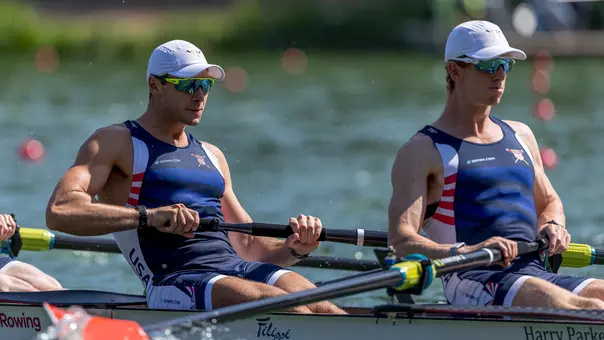 Chris Carlson and Pieter Quinton in the U.S. men's four at 2026 World Rowing Championships