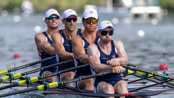 USA Men's quad, with Ben Davison at front of screen, at 2026 World Rowing Championships