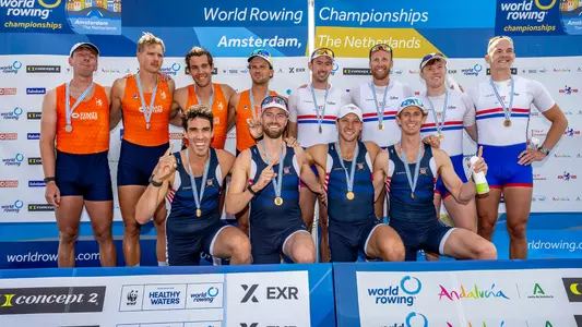 the medals stand for the men's four at the 2026 World Rowing Championships