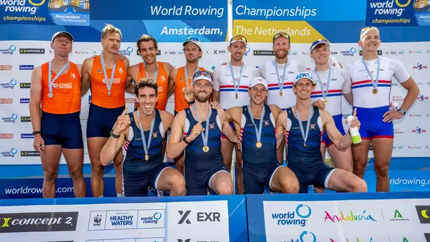 the medals stand for the men's four at the 2026 World Rowing Championships