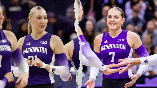 Maija Howse and Kylie Kleckner smiling in purple jerseys