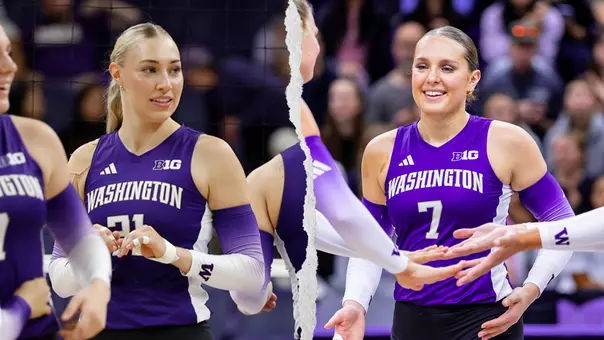 Maija Howse and Kylie Kleckner smiling in purple jerseys