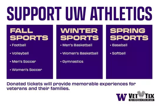 Support UW Athletics with Vet Tix for football, volleyball, soccer, basketball, gymnastics, baseball and softball