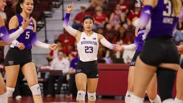 Kaitlyn Nguyen 2026 pointing up to celebrate a point