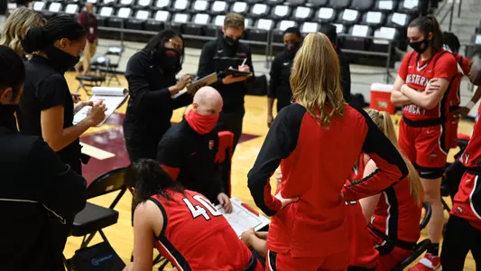 WBB team huddle at Little Rock Greg Collins