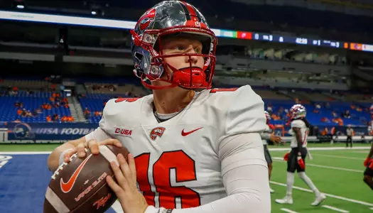 Quarterback Austin Reed (16) of the WKU Hilltoppers at Alamodome on October 8, 2022 in San Antonio, TX. Photo by Gunnar Word/WKU Athletics