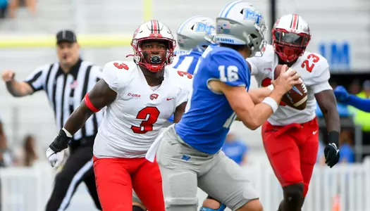 Defensive end JaQues Evans (3) of the WKU Hilltoppers at FloydStadium on October 14, 2022 in Murfreesboro, TN. Photo by Steve Roberts/WKU Athletics