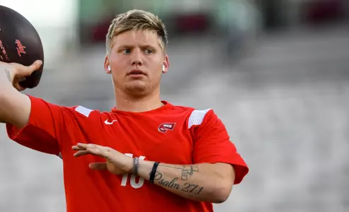 Quarterback Austin Reed (16) of the WKU Hilltoppers at Houchen Industries-L.T. Smith Stadium on October 21, 2022 in Bowling Green, KY. Photo by Steve Roberts/WKU Athletics