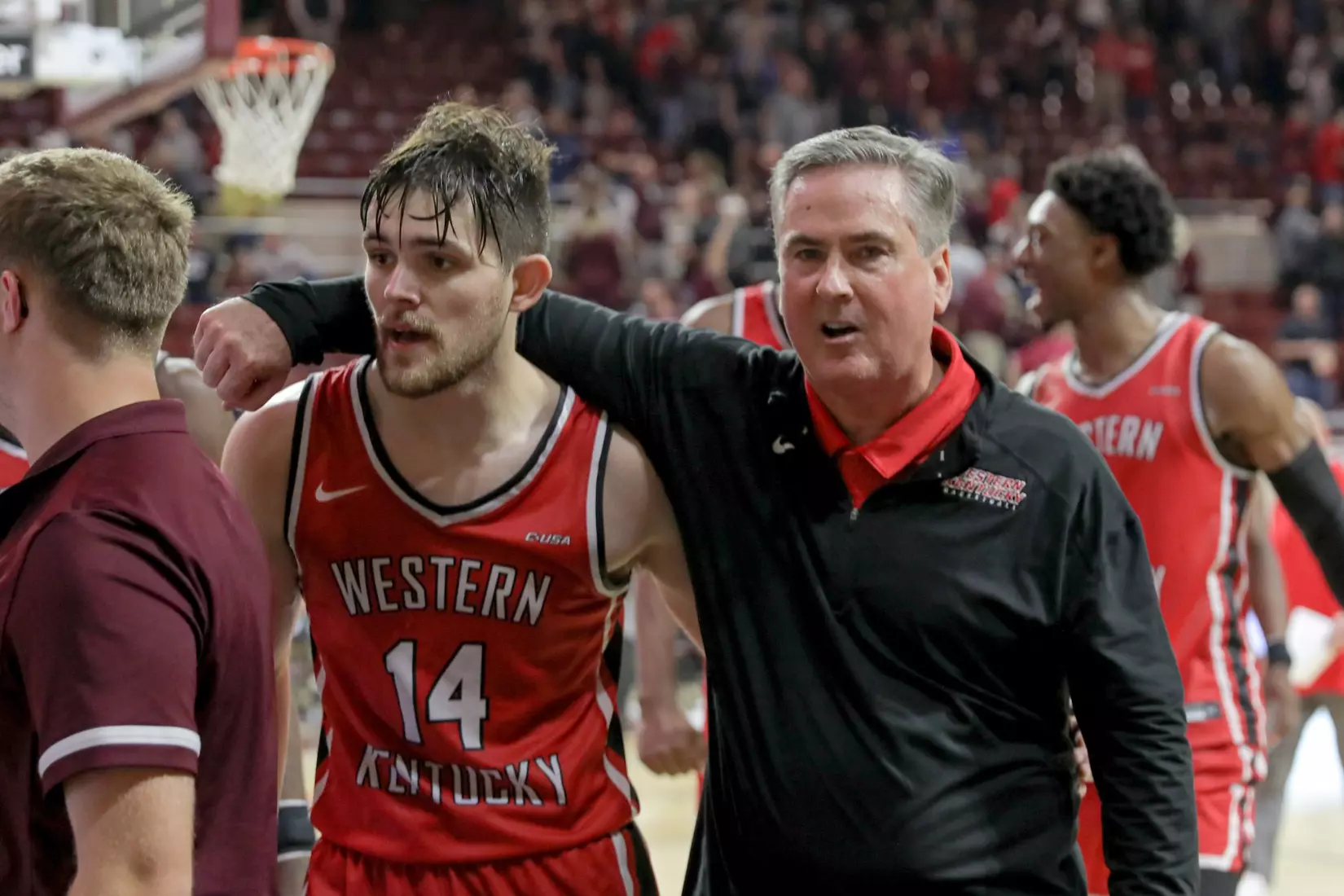 Luke Frampton and head coach Rick Stansbury of the WKU Hilltoppers at Baptist Health Arena on November 10, 2022 in Richmond, KY. Photo by Evan Brown/WKU Athletics