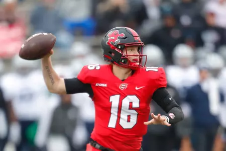 Quarterback Austin Reed (16) of the WKU Hilltoppers at Houchen Industries-L.T. Smith Stadium on November 12, 2022 in Bowling Green, KY. Photo by Gunnar Word/WKU Athletics