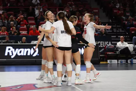 Outside hitter Paige Briggs (1) Middle hitter Katie Isenbarger (20) Defensive Specialist Ashley Hood (11) Outside hitter Katie Howard (26) Defensive Specialist Abby Schaefer(15) Of the WKU Hilltoppers during a match against the University of North Texas on November 19, 2022 at E.A Diddle Arena in Bowling Green, KY