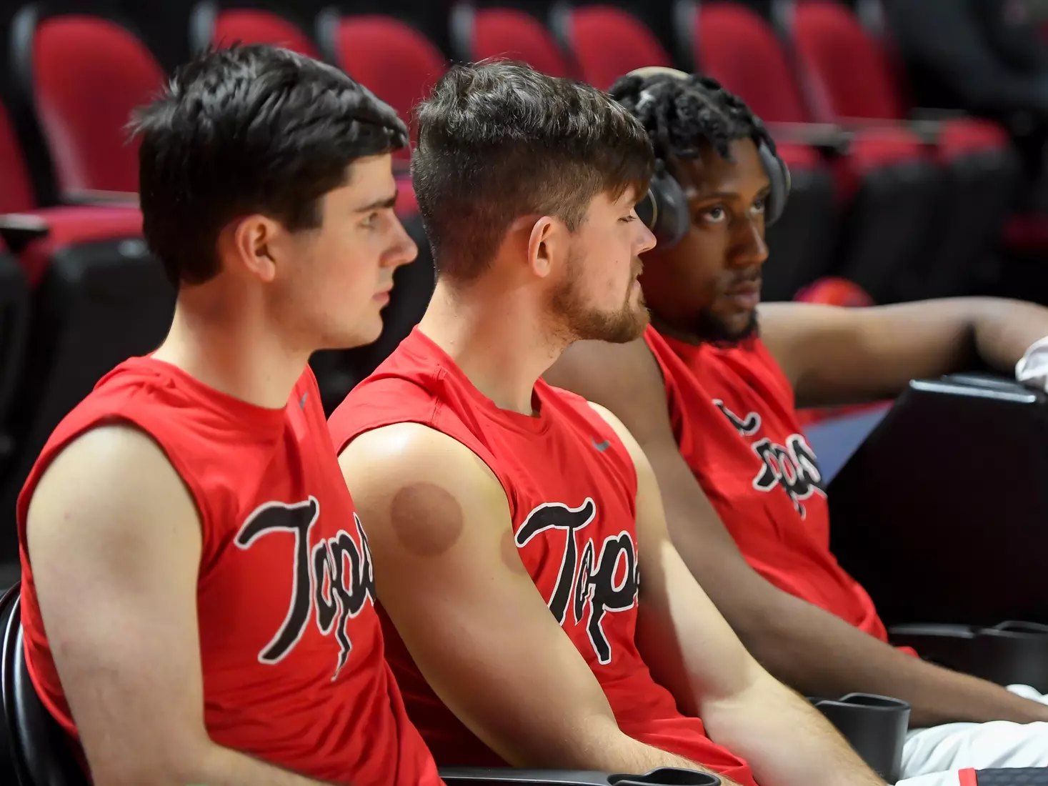 Guard Noah Stansbury (5), Guard Dayvion McKnight (20), Center Darrius Miles (0) of the WKU Hilltoppers at E.A. Diddle Arena on November 2, 2022 in Bowling Green, KY. Photo by Steve Roberts/WKU Athletics