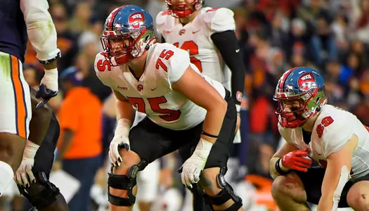 Offensive lineman Gunner Britton (75) of the WKU Hilltoppers at Jordan-Hare Stadium on November 19, 2022 in Auburn, AL. Photo by Steve Roberts/WKU Athletics