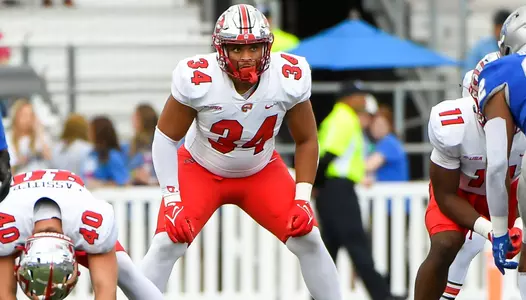 Defensive end Juwuan Jones (34) of the WKU Hilltoppers at FloydStadium on October 14, 2022 in Murfreesboro, TN. Photo by Steve Roberts/WKU Athletics