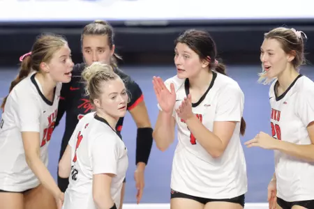 Outside hitter Paige Briggs (1) Defensive Specialist Ashley Hood (11) Outside hitter Katie Howard (26) Defensive Specialist Abby Schaefer(15) Middle hitter Katie Isenbarger (20) of the WKU Hilltoppers  at E.A. Diddle Arena on OCT 28, 2022 in Bowling Green, KY. Photo by Gunnar Word/WKU Athletics