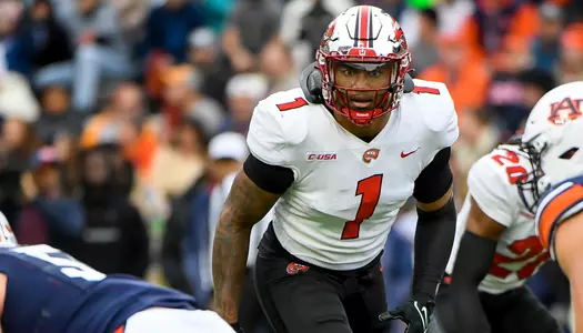 Linebacker Jaden Hunter (1) of the WKU Hilltoppers at Jordan-Hare Stadium on November 19, 2022 in Auburn, AL. Photo by Steve Roberts/WKU Athletics