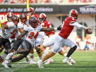 Linebacker Derrick Smith (24) of the WKU Hilltoppers during a football game at Indiana University Memorial Stadium on Sept. 17, 2022 in Bloomington, IN. Photo by Steve Roberts/WKU Athletics