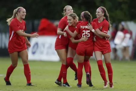 Forward Ansley Cate (20) Midfielder Sydney Ernst (9) Midfielder Abbey Davis (6) Forward Lily Rummo (25) Forward Katie Erwin (13) of the WKU Hilltoppers during a soccer match at WKU Soccer Complex on Sept. 22, 2022 in Bowling Green, KY. Photo by Gunnar Word/WKU Athletics