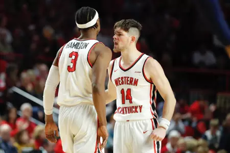 WKU Hilltoppers forward Jairus Hamilton (3) WKU Hilltoppers guard Luke Frampton (14) of the WKU Hilltoppers at E.A. Diddle Arena on January 14, 2023 in Bowling Green, Kentucky. (WKU Athletics/Gunnar Word)