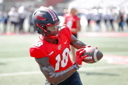 Wide receiver Denzil Alleyne (18) of the WKU Hilltoppers during a game Vs. Austin Peay at Houchen Industries-L.T. Smith Stadium on August 27, 2022 in Bowling Green, KY. Photo by Gunnar Word/WKU Athletics