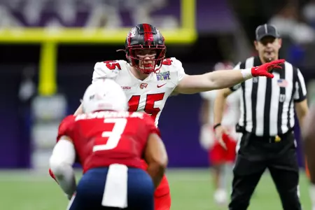 Linebacker Nathan Griffin (45) of the WKU Hilltoppers at New Orleans Bowl at Caesars Superdome on December 21, 2022 in New Orleans Louisiana. Photo by Gunnar Word/WKU Athletics