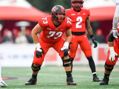 Offensive lineman Wes Dorsey (73) of the WKU Hilltoppers at Houchen Industries-L.T. Smith Stadium on November 12, 2022 in Bowling Green, KY. Photo by Steve Roberts/WKU Athletics