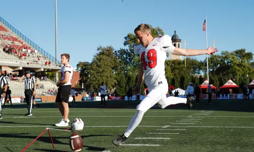 Kicker Nolan McCord (49) of the WKU Hilltoppers at Houchens Industries - L.T. Smith Stadium on October 1, 2022 in Bowling Green, KY. Photo by Gunnar Word/WKU Athletics