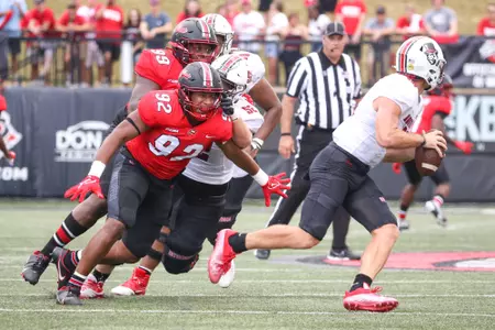 WKU Hilltoppers defensive end Marcus Patterson fights through a block during a game against the Austin Peay Governors on August 27, 2022 at Houchens Industries L.T. Smith Stadium in Bowling Green, KY