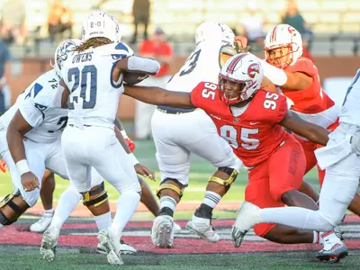 Defensive end Deante McCray (95) of the WKU Hilltoppers at Houchen Industries-L.T. Smith Stadium on September 24, 2022 in Bowling Green, KY. Photo by Steve Roberts/WKU Athletics