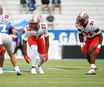 Defensive back Darius Thomas (22) and Defensive back Anthony Brackenridge (31) of the WKU Hilltoppers at FloydStadium on October 14, 2022 in Murfreesboro, TN. Photo by Steve Roberts/WKU Athletics