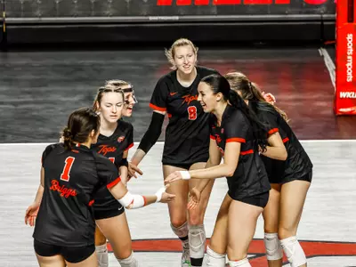 Outside hitter Paige Briggs (1) setter Callie Bauer (14) out side hitter Kenadee Coyle (33) outside hitter Kaylee Cox (8) of the WKU Hilltoppers at E.A. Diddle Arena on October 8, 2023 in Bowling Green, KY. Photo by Wyatt Richardson/WKU Athletics