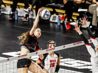 Middle hitter Gabby Weihe (10) of the WKU Hilltoppers at E.A. Diddle Arena on October 8, 2023 in Bowling Green, KY. Photo by Wyatt Richardson/WKU Athletics