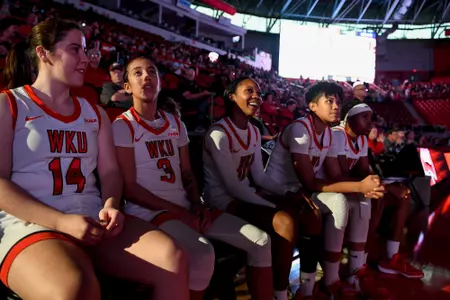 Guard Ana Teresa Faustino (14), Guard Alexis Mead (3), Guard Acacia Hayes (10), forward Odeth Betancourt (21), guard Karris Allen (32) of the WKU Hilltoppers at E.A. Diddle Arena on November 21, 2023 in Bowling Green, KY. Photo by Steve Roberts/WKU Athletics