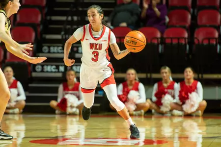 Guard Alexis Mead (3) of the WKU Hilltoppers at E.A. Diddle Arena on December 29, 2023 in Bowling Green, KY. Photo by Steve Roberts/WKU Athletics