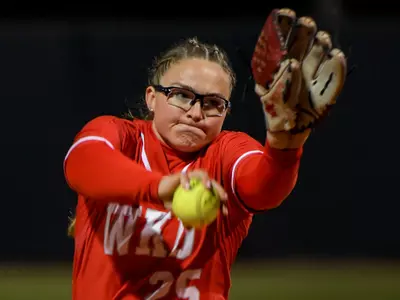 Pitcher Maddy Wood (25) of the WKU Hilltoppers on February 24, 2023, at WKU Softball Complex in Bowling Green, KY