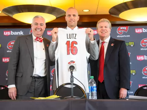 The introduction of the new MBB head coach Steve Lutz at The Harbaugh Club on March 20, 2023 in Bowling Green, KY. (Photo by Steve Roberts/WKU Athletics)