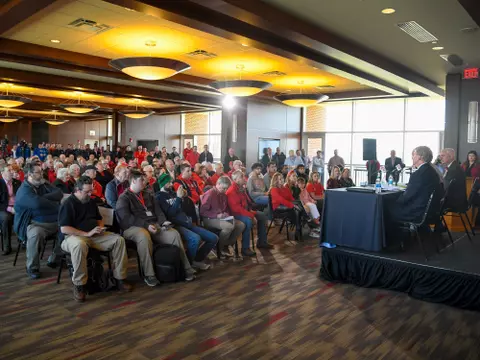 The introduction of the new MBB head coach Steve Lutz at The Harbaugh Club on March 20, 2023 in Bowling Green, KY. (Photo by Steve Roberts/WKU Athletics)
